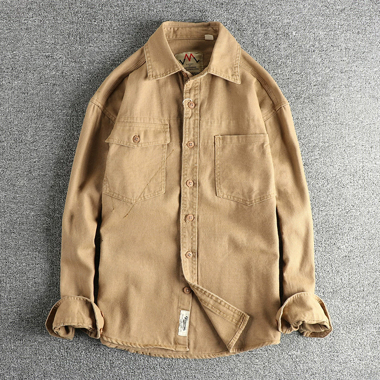 GorgeousBen Men's American Vintage Amekaji Washed Woven Cotton Long Sleeve Shirt With Designer Pockets