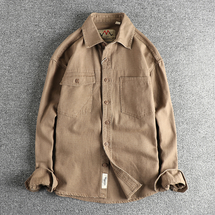 GorgeousBen Men's American Vintage Amekaji Washed Woven Cotton Long Sleeve Shirt With Designer Pockets