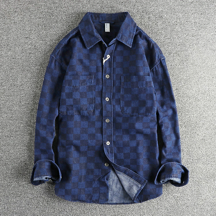 GorgeousBen New Arrival American Retro Streetwear Plaid Denim Shirt Loose Fit Unisex Spring Autumn Lightweight Versatile Outerwear