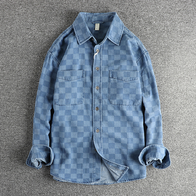 GorgeousBen New Arrival American Retro Streetwear Plaid Denim Shirt Loose Fit Unisex Spring Autumn Lightweight Versatile Outerwear