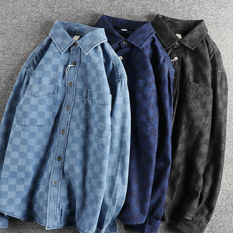 GorgeousBen New Arrival American Retro Streetwear Plaid Denim Shirt Loose Fit Unisex Spring Autumn Lightweight Versatile Outerwear