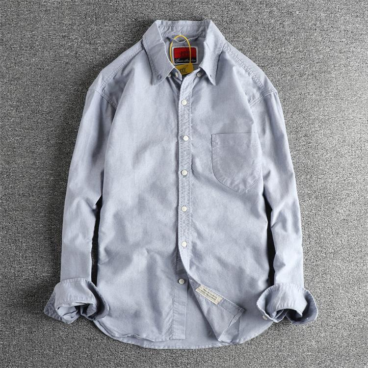 GorgeousBen Men's Japanese Style Minimalist Washed Cotton Oxford Long Sleeve Shirt With Pockets