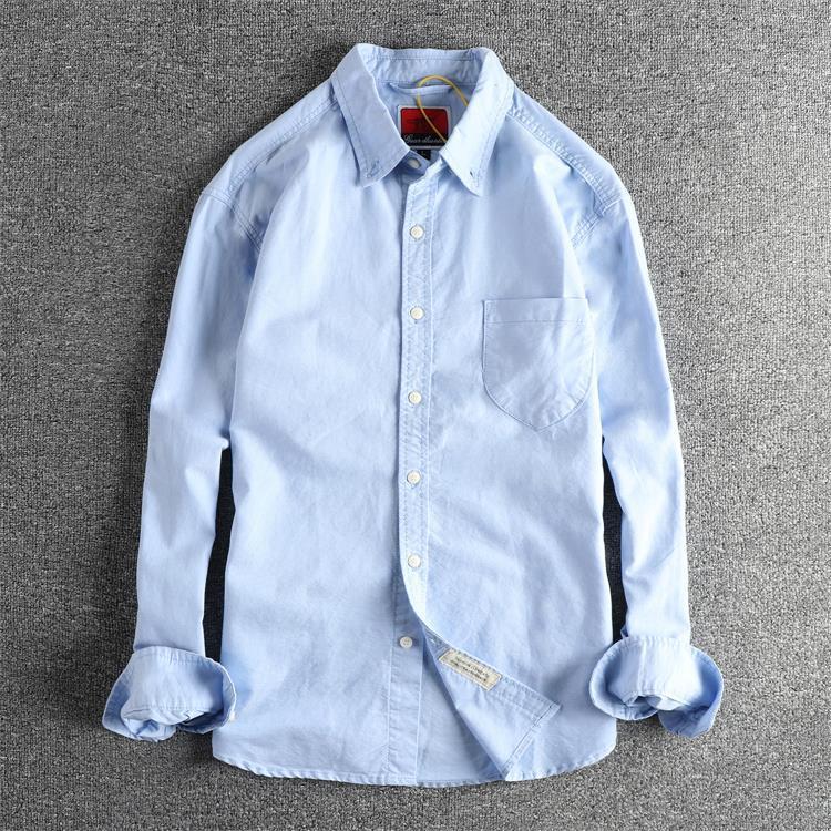 GorgeousBen Men's Japanese Style Minimalist Washed Cotton Oxford Long Sleeve Shirt With Pockets