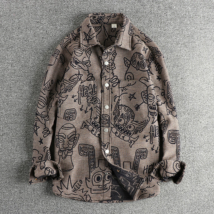 GorgeousBen Men's Spring Autumn New Arrival Tribal Jacquard Woven Relaxed Fit Long Sleeve Shirt
