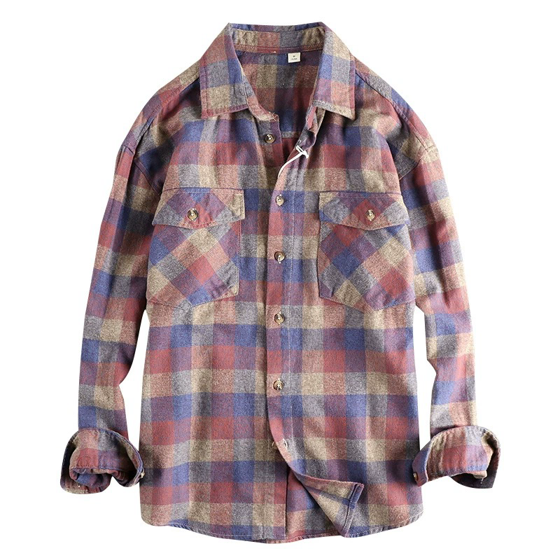 GorgeousBen Men's American Bohemian Vintage Brushed Large Plaid Relaxed Fit Spring Autumn Shirt Jacket