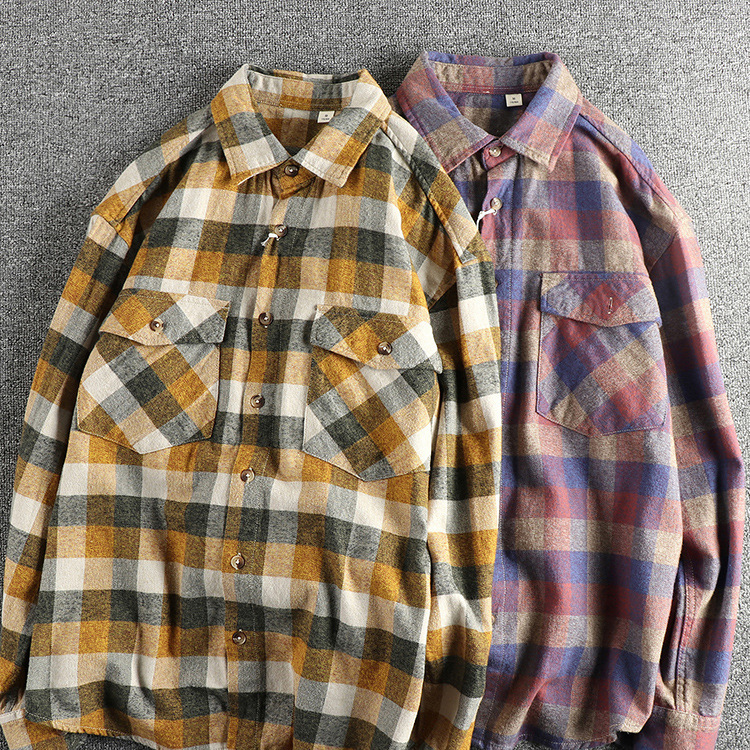 GorgeousBen Men's American Bohemian Vintage Brushed Large Plaid Relaxed Fit Spring Autumn Shirt Jacket