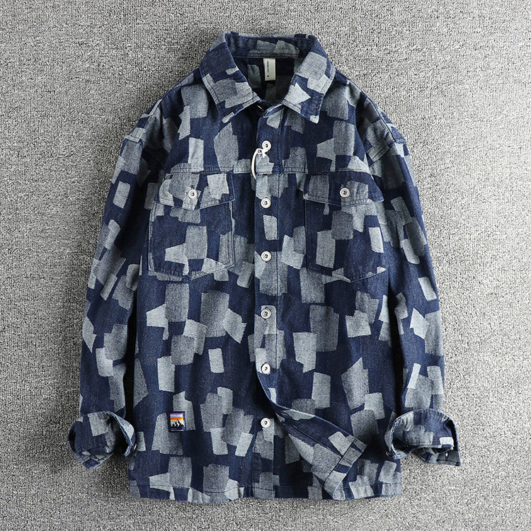 GorgeousBen Men's Hong Kong Style Vintage Irregular Plaid Heavyweight Denim Spring Autumn Shirt Jacket