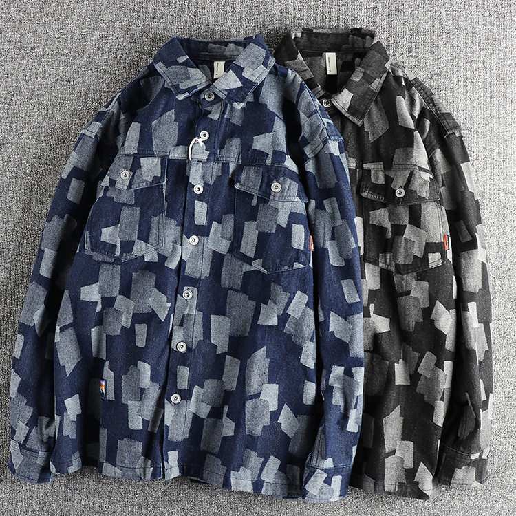GorgeousBen Men's Hong Kong Style Vintage Irregular Plaid Heavyweight Denim Spring Autumn Shirt Jacket