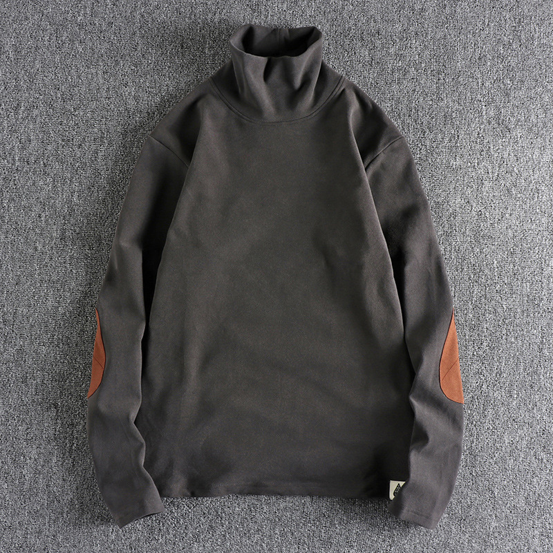 GorgeousBen Men's Color Block Patch Double Fleece Mock Neck Long Sleeve T-Shirt