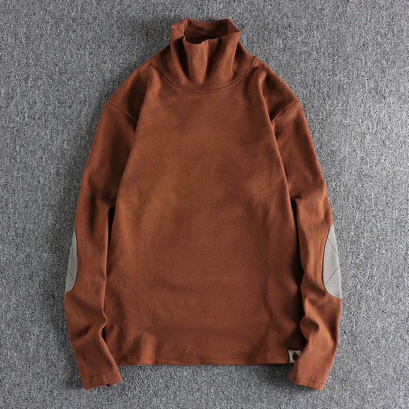 GorgeousBen Men's Color Block Patch Double Fleece Mock Neck Long Sleeve T-Shirt