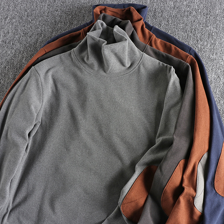 GorgeousBen Men's Color Block Patch Double Fleece Mock Neck Long Sleeve T-Shirt