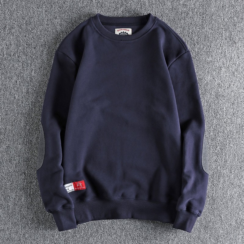 GorgeousBen Men's Patch Sleeve American Fleece Lined Crew Neck Sweatshirt