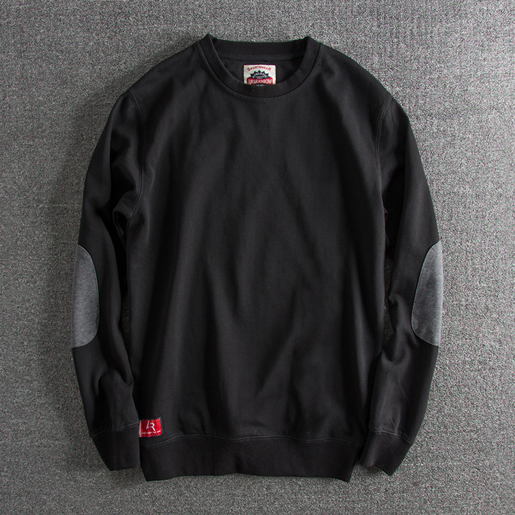 GorgeousBen Men's Washed Cotton Patchwork Crew Neck Sweatshirt