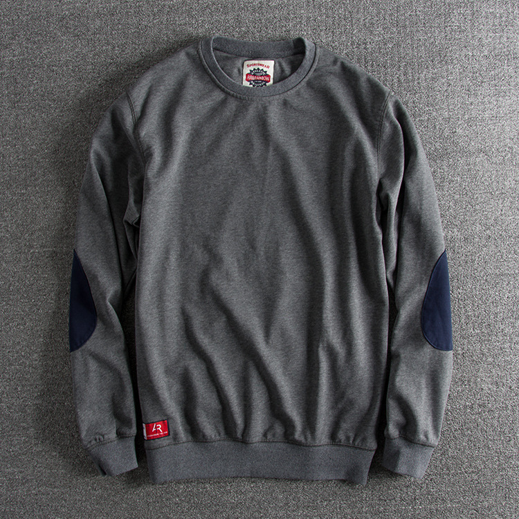 GorgeousBen Men's Washed Cotton Patchwork Crew Neck Sweatshirt