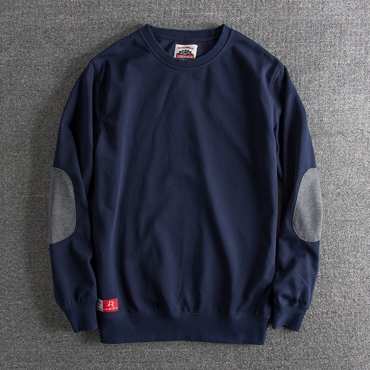 GorgeousBen Men's Washed Cotton Patchwork Crew Neck Sweatshirt