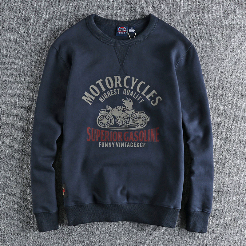 GorgeousBen 420G Heavyweight Fleece Lined Men's Crew Neck Sweatshirt Funny Motorcycle Pig Print