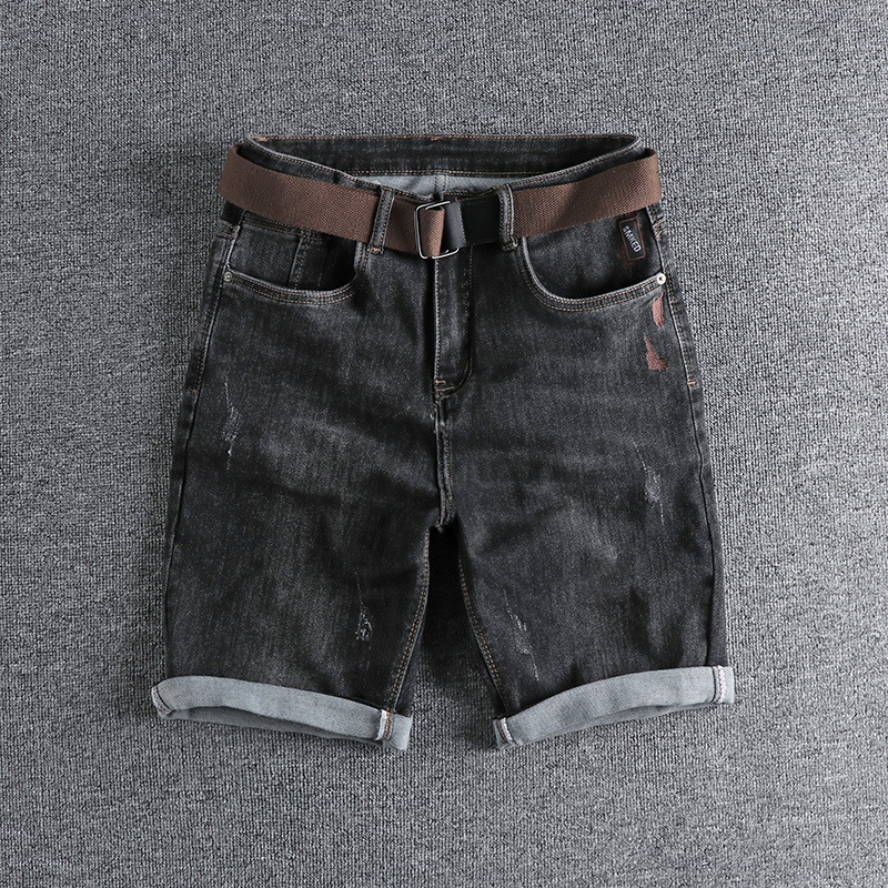 GorgeousBen Men's Summer Washed Distressed Denim Shorts Whiskering Embroidery Slim Straight Knee Length