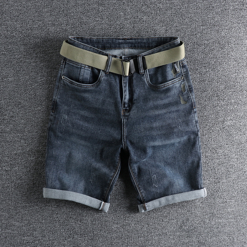 GorgeousBen Men's Summer Washed Distressed Denim Shorts Whiskering Embroidery Slim Straight Knee Length