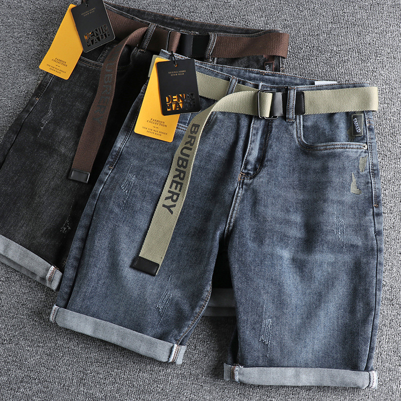 GorgeousBen Men's Summer Washed Distressed Denim Shorts Whiskering Embroidery Slim Straight Knee Length