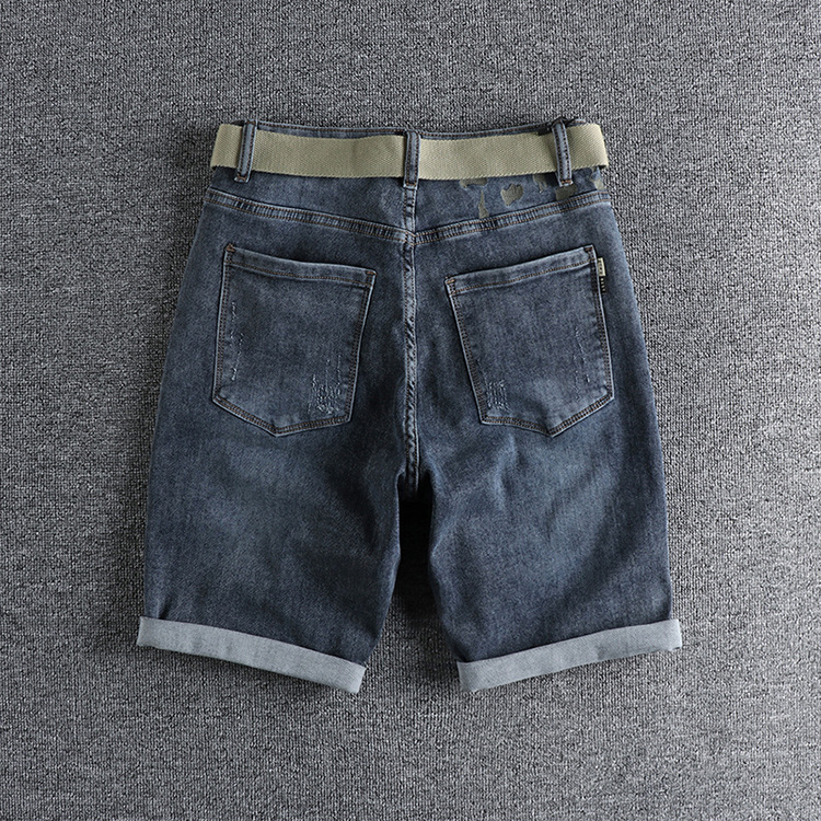GorgeousBen Men's Summer Washed Distressed Denim Shorts Whiskering Embroidery Slim Straight Knee Length