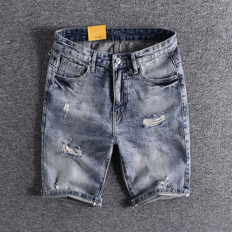 GorgeousBen Men's Summer Vintage Distressed Denim Shorts Whiskering Ripped Loose Fit Knee Length Streetwear