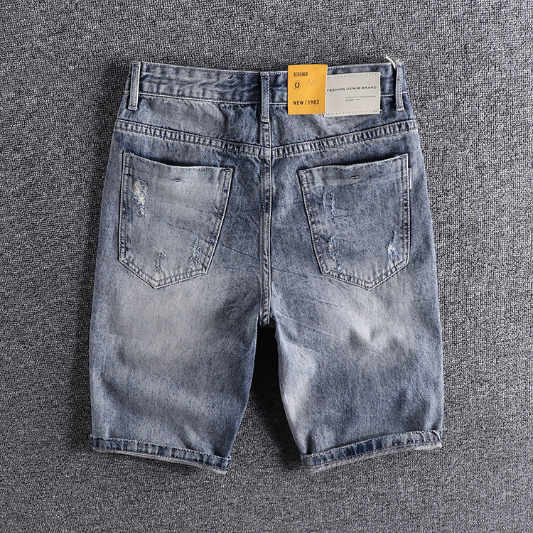 GorgeousBen Men's Summer Vintage Distressed Denim Shorts Whiskering Ripped Loose Fit Knee Length Streetwear