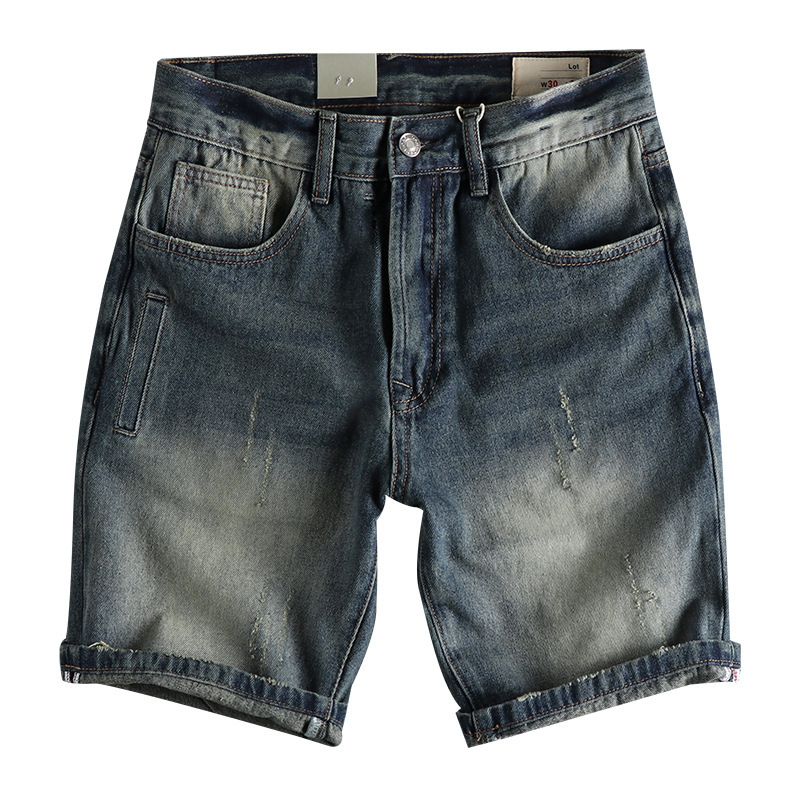 GorgeousBen Men's Summer Heavy Duty Vintage Distressed Indigo Denim Shorts Whiskering American Trendy Knee Length