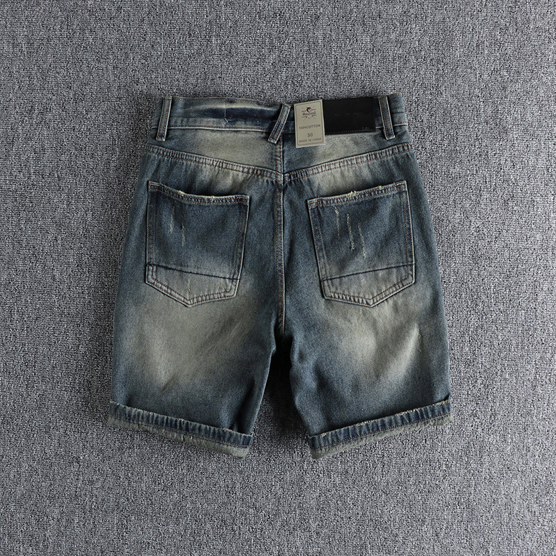 GorgeousBen Men's Summer Heavy Duty Vintage Distressed Indigo Denim Shorts Whiskering American Trendy Knee Length
