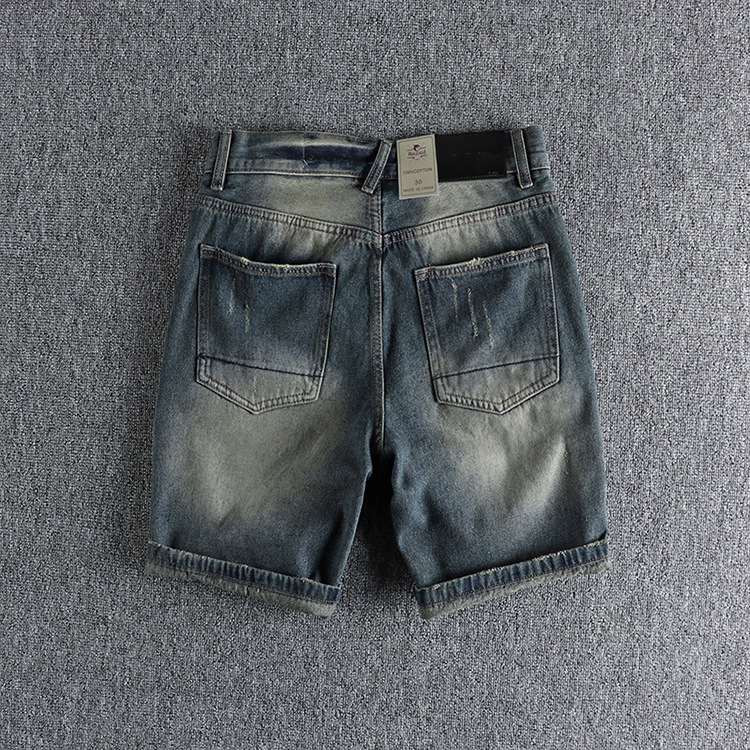 GorgeousBen Men's Summer Heavy Duty Vintage Distressed Indigo Denim Shorts Whiskering American Trendy Knee Length