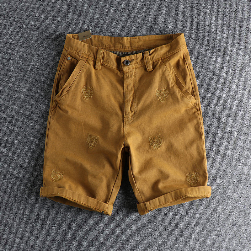 GorgeousBen Men's Summer Vintage European American Trendy Woven Casual Shorts Tiger Head Embroidery Heavy Washed Knee Length