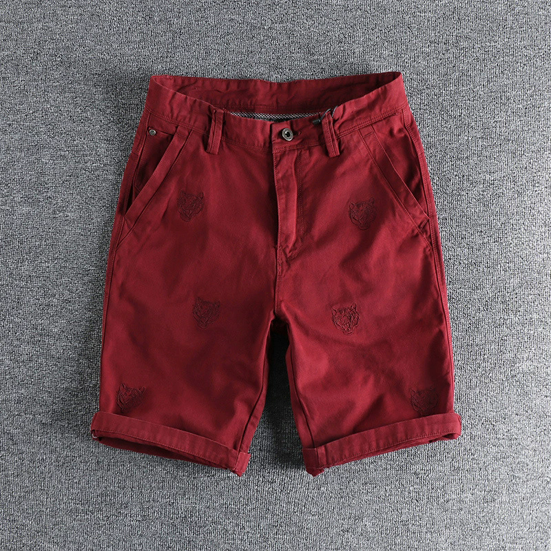 GorgeousBen Men's Summer Vintage European American Trendy Woven Casual Shorts Tiger Head Embroidery Heavy Washed Knee Length