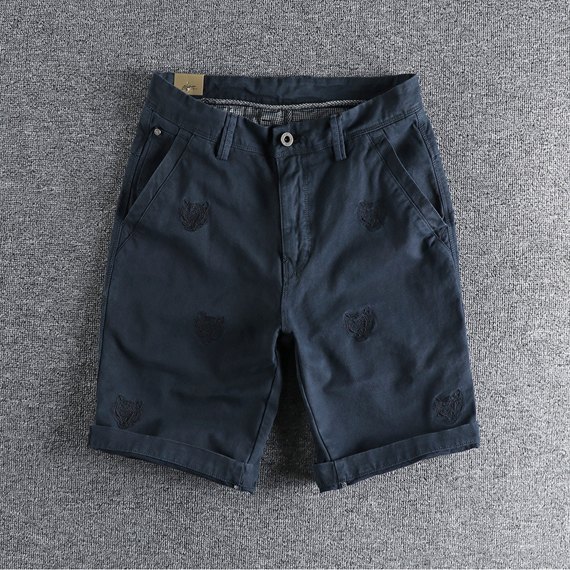 GorgeousBen Men's Summer Vintage European American Trendy Woven Casual Shorts Tiger Head Embroidery Heavy Washed Knee Length