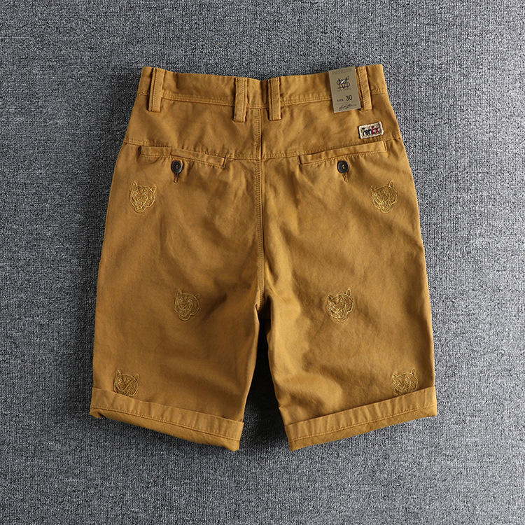 GorgeousBen Men's Summer Vintage European American Trendy Woven Casual Shorts Tiger Head Embroidery Heavy Washed Knee Length