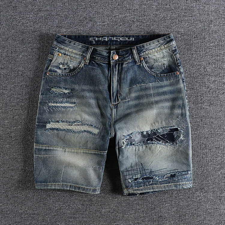 GorgeousBen Men's Summer New Arrival Denim Shorts Ripped Relaxed Straight Multi-pockets Knee Length Loose Fit