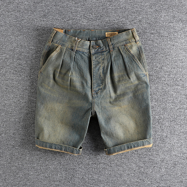 GorgeousBen Men's Vintage Washed Distressed Denim Shorts Three-Dimensional Cut Loose Straight Fit Five-Pocket Knee-Length