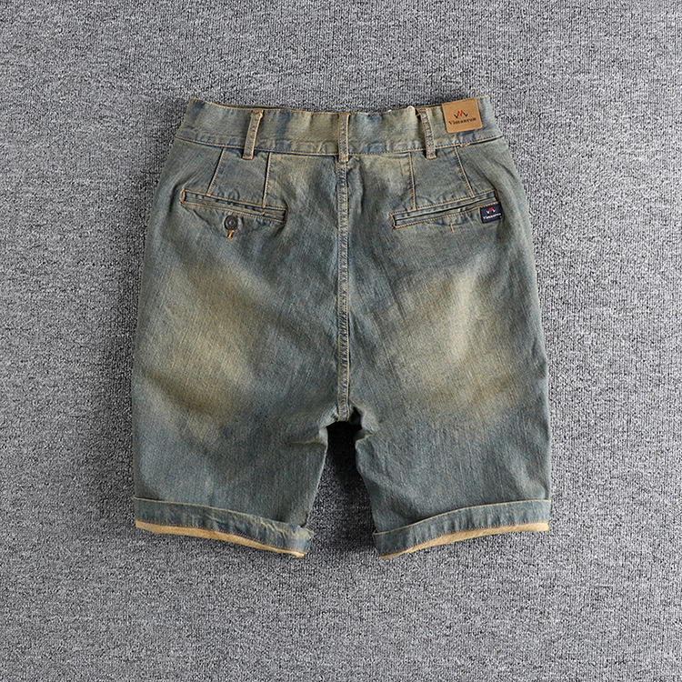GorgeousBen Men's Vintage Washed Distressed Denim Shorts Three-Dimensional Cut Loose Straight Fit Five-Pocket Knee-Length