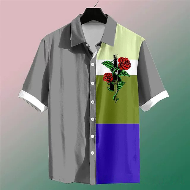 GorgeousBen New Men's Short Sleeve Shirt 3D Digital Print Fashion Trendy Casual Turn-Down Collar Floral Shirt