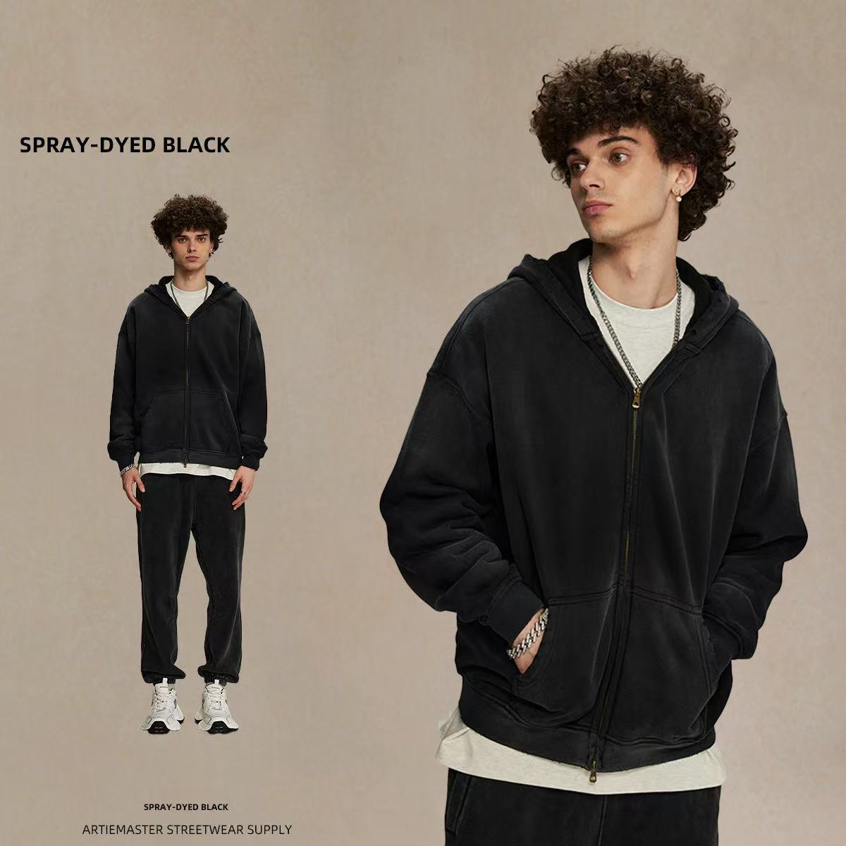 GorgeousBen Winter Thickened Spray Dyed Vintage Double Zipper Hoodie, Washed Distressed Streetwear Sweatshirt for Men and Women