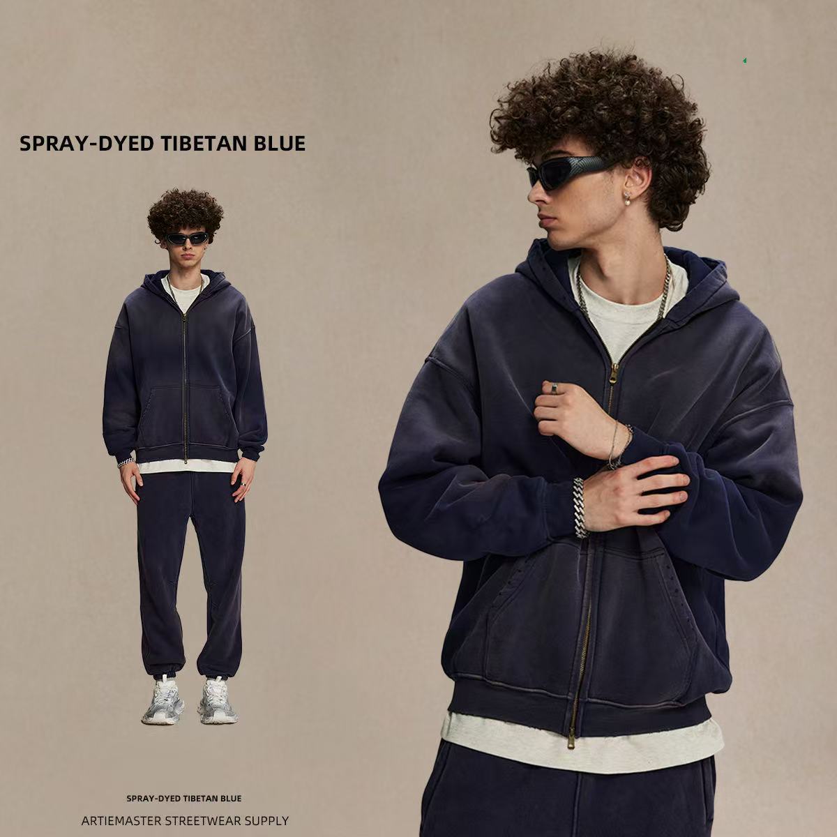 GorgeousBen Winter Thickened Spray Dyed Vintage Double Zipper Hoodie, Washed Distressed Streetwear Sweatshirt for Men and Women