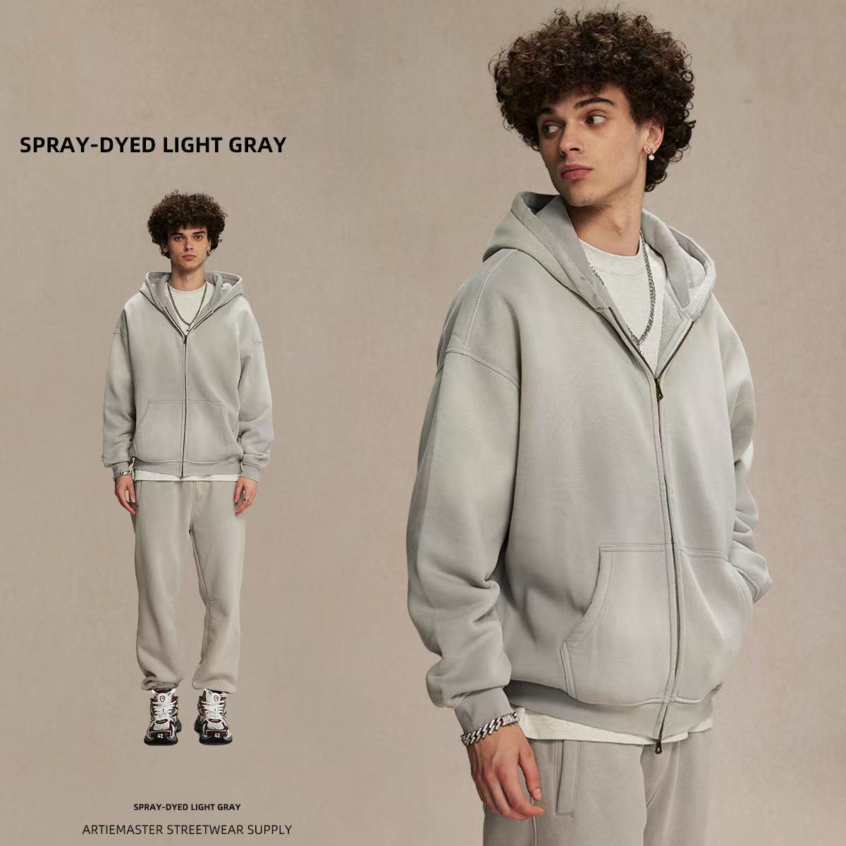 GorgeousBen Winter Thickened Spray Dyed Vintage Double Zipper Hoodie, Washed Distressed Streetwear Sweatshirt for Men and Women