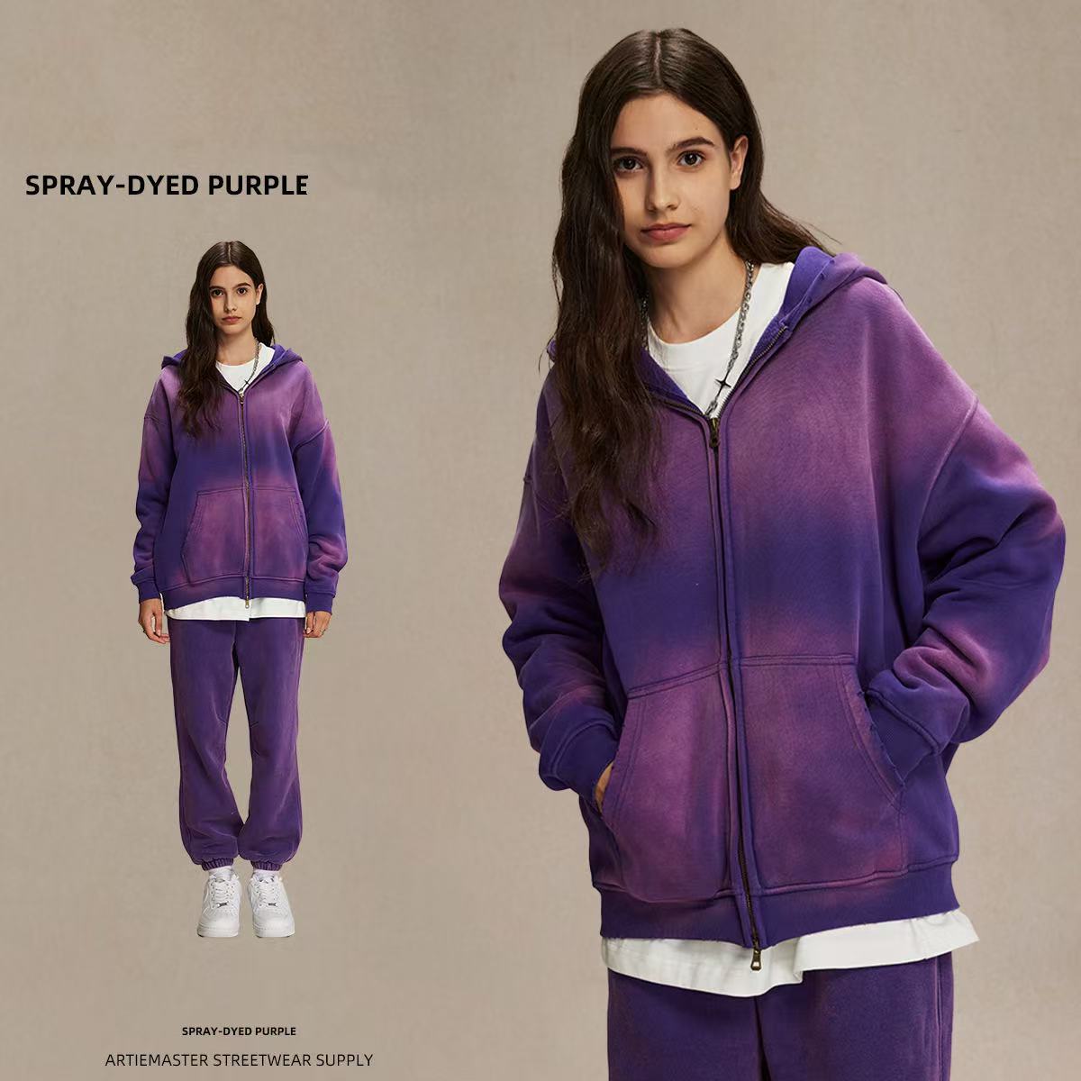 GorgeousBen Winter Thickened Spray Dyed Vintage Double Zipper Hoodie, Washed Distressed Streetwear Sweatshirt for Men and Women