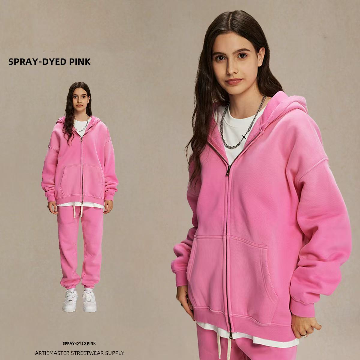 GorgeousBen Winter Thickened Spray Dyed Vintage Double Zipper Hoodie, Washed Distressed Streetwear Sweatshirt for Men and Women