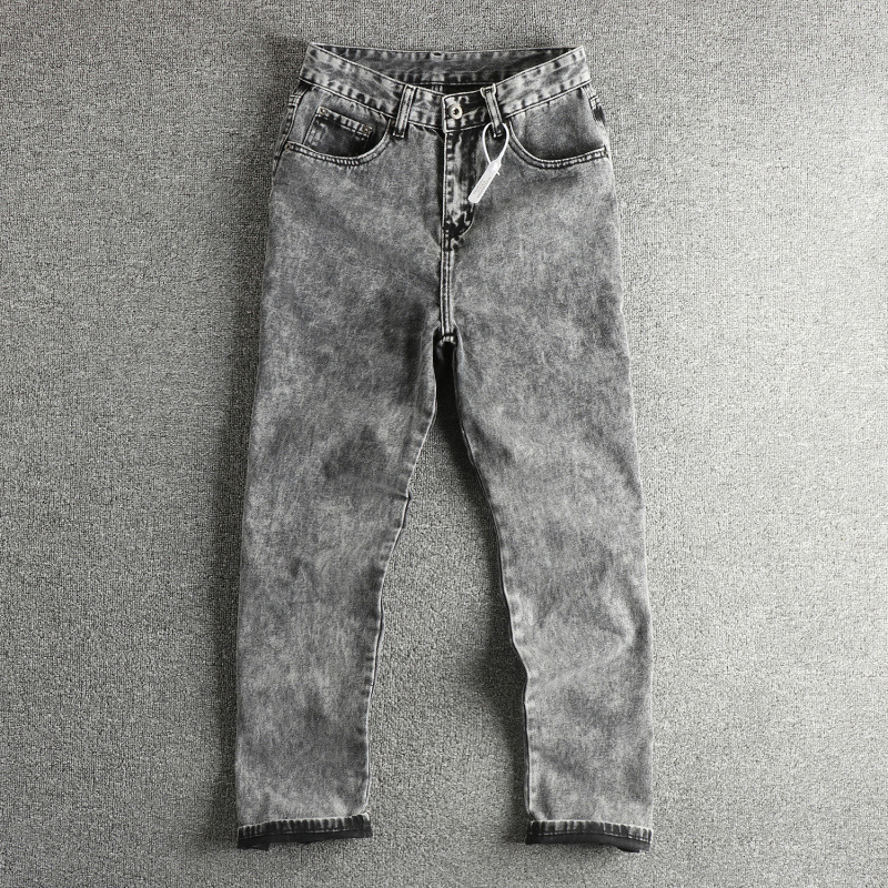 GorgeousBen long staple cotton jeans, vintage tie dye jeans, washed distressed jeans, men's loose straight jeans, black grey jeans