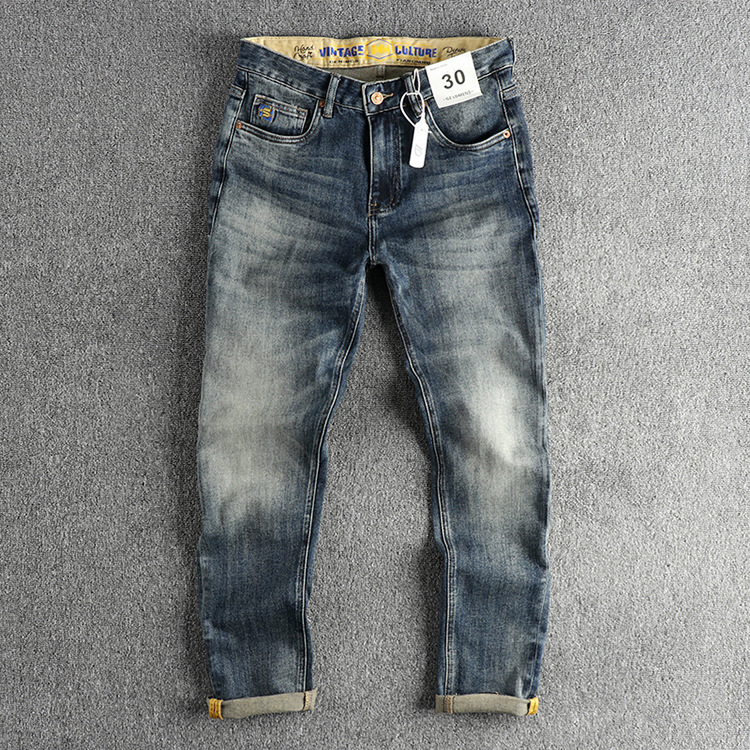 GorgeousBen Vintage Culture Two-Tone Denim Jeans Men's Retro Slim Tapered Pants