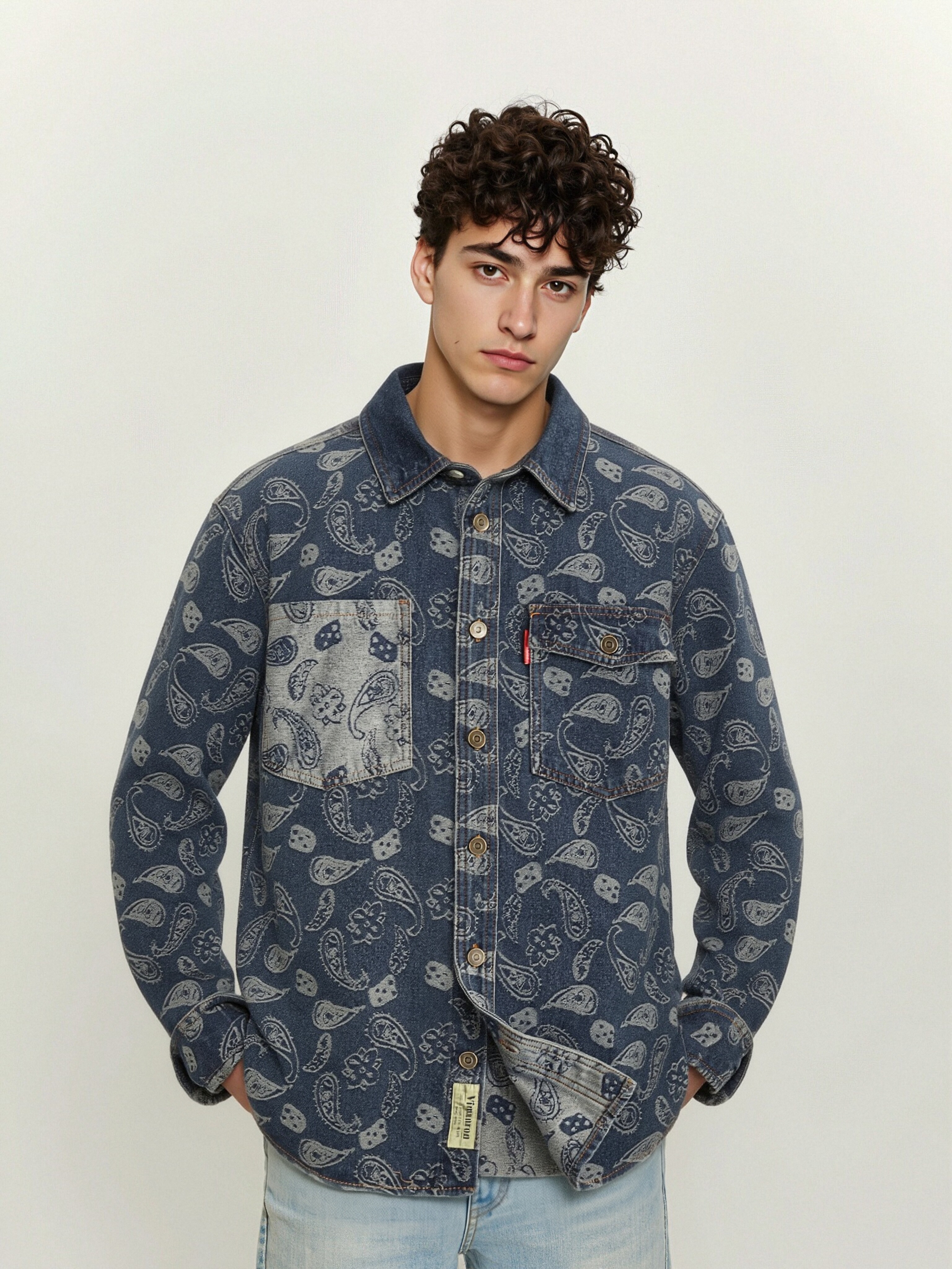 GorgeousBen Men's 100% Cotton Paisley Print Vintage Denim Shirt, Retro Distressed Button Down Long Sleeve Shirt for Streetwear