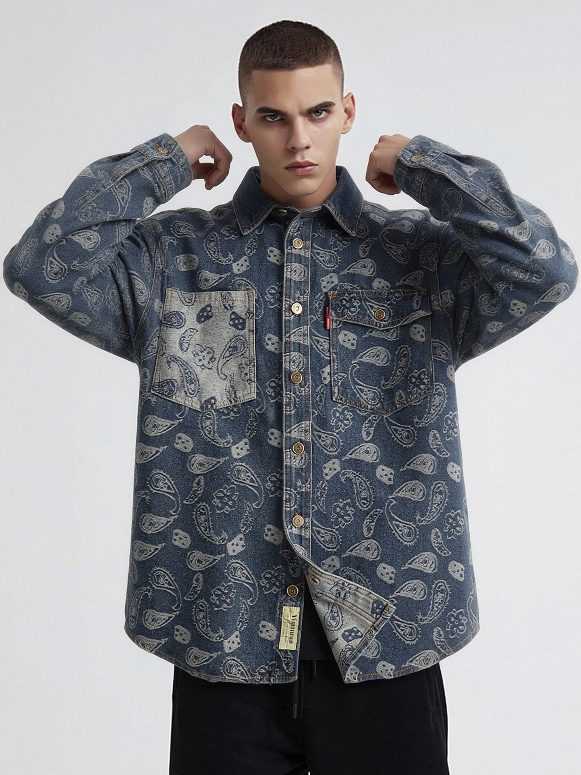 GorgeousBen Men's 100% Cotton Paisley Print Vintage Denim Shirt, Retro Distressed Button Down Long Sleeve Shirt for Streetwear