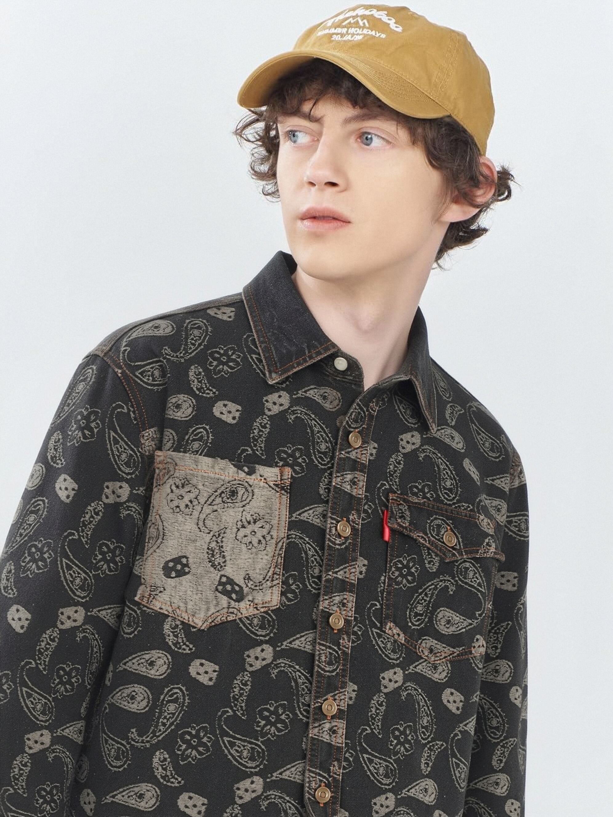 GorgeousBen Men's 100% Cotton Paisley Print Vintage Denim Shirt, Retro Distressed Button Down Long Sleeve Shirt for Streetwear