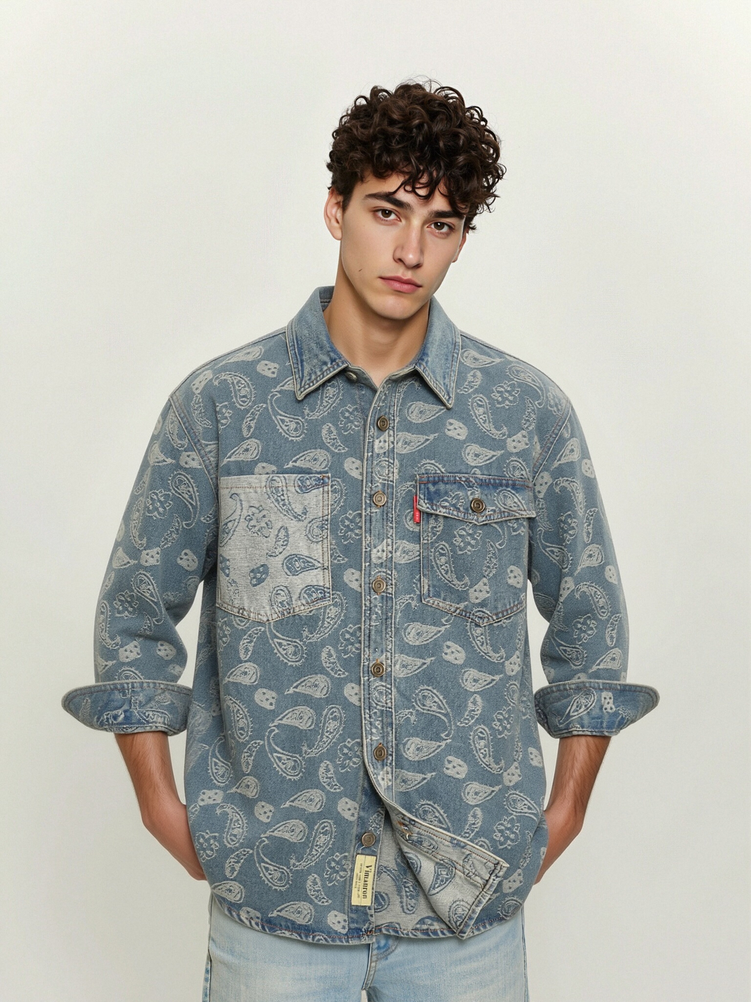 GorgeousBen Men's 100% Cotton Paisley Print Vintage Denim Shirt, Retro Distressed Button Down Long Sleeve Shirt for Streetwear