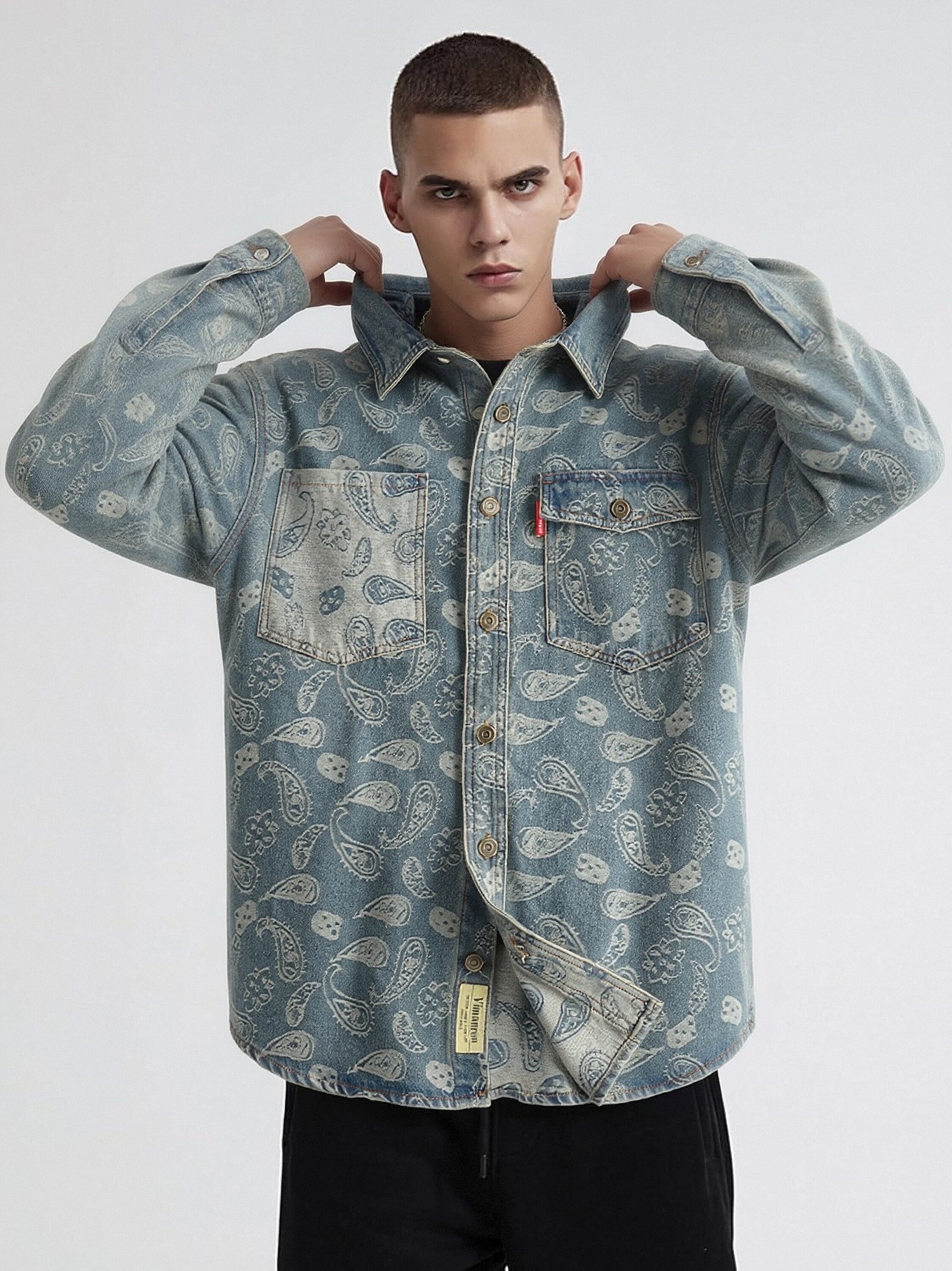 GorgeousBen Men's 100% Cotton Paisley Print Vintage Denim Shirt, Retro Distressed Button Down Long Sleeve Shirt for Streetwear