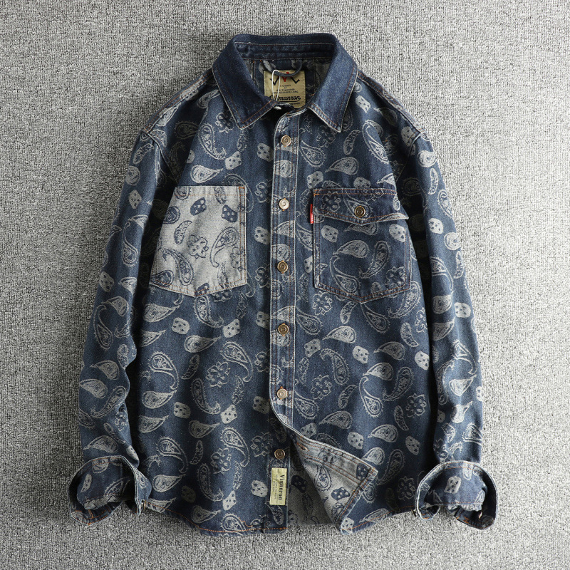 GorgeousBen Men's 100% Cotton Paisley Print Vintage Denim Shirt, Retro Distressed Button Down Long Sleeve Shirt for Streetwear